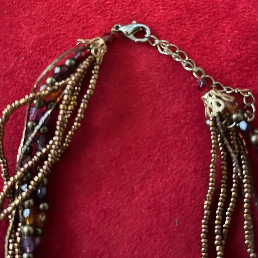 Beaded Necklace w/Dark Burgundy Crystal Pendant Adjustable - Picture 5 of 8